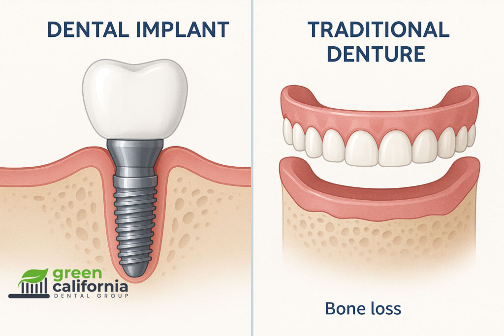 side by side comparison of a dental implant vs traditional denture