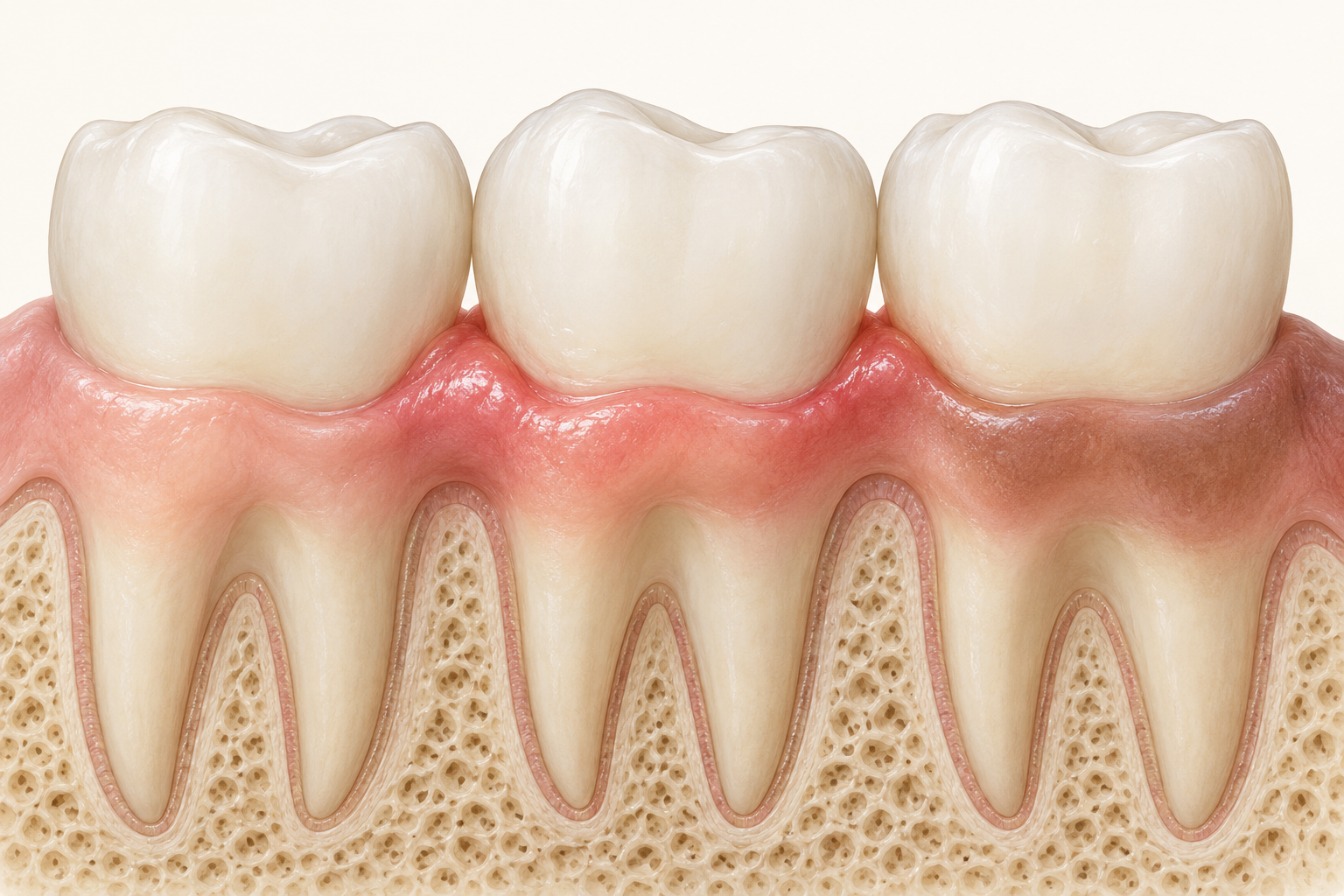 Illustration of inflamed gums around teeth with intact supporting bone.