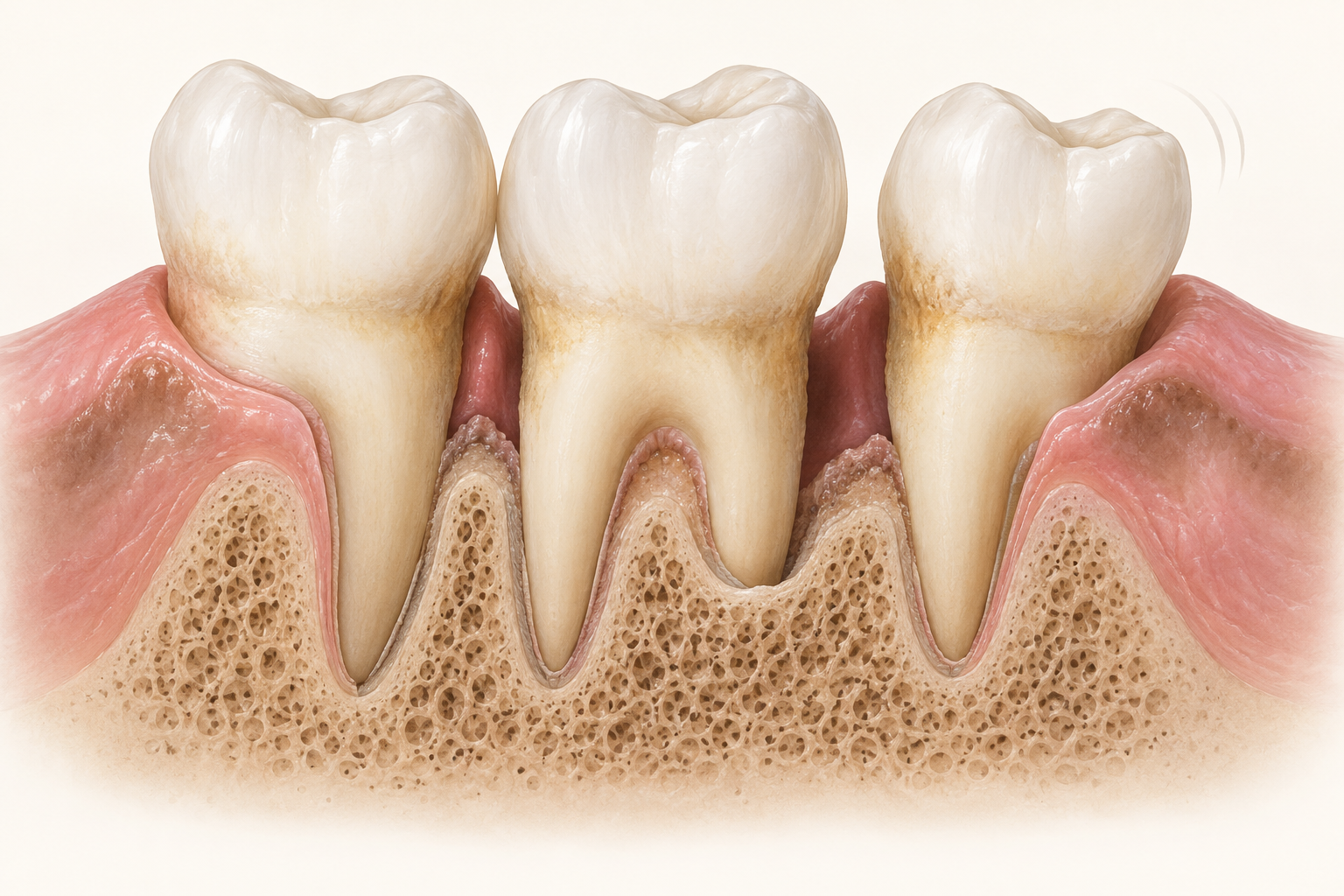 Cutaway showing deep gum pockets, receding gums, and reduced bone around teeth.