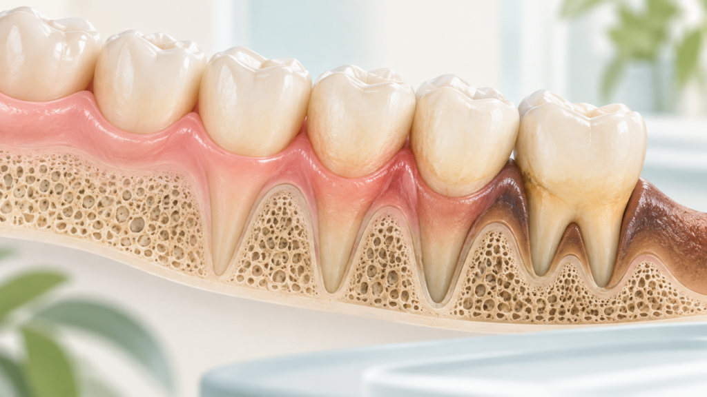 Cutaway illustration of teeth and gums showing gradual inflammation and reduced bone support associated with gum disease progression.