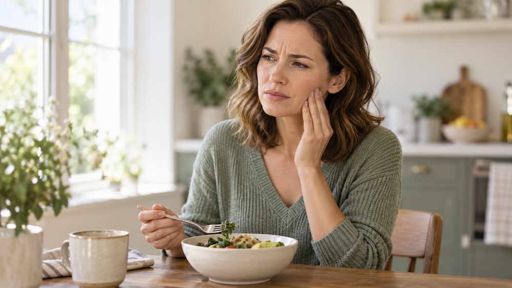 Woman touching her cheek during a meal